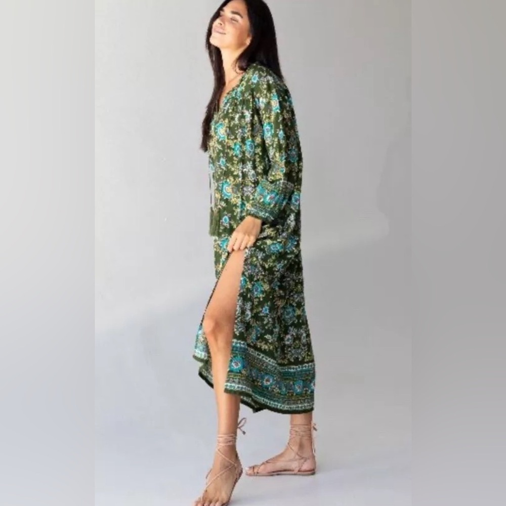Natural Life Sz M Dara Green Floral Tie V Neck Boho Hippie Oversized Midi Dress